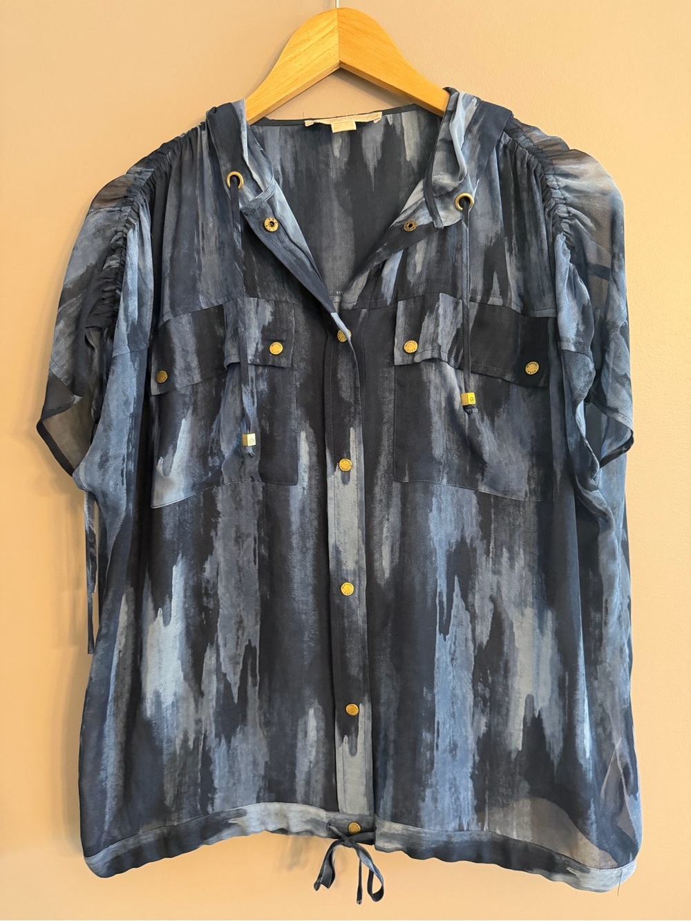 MICHAEL Michael Kors Gray Blue Abstract Print Sheer Oversized Hooded Top Small
